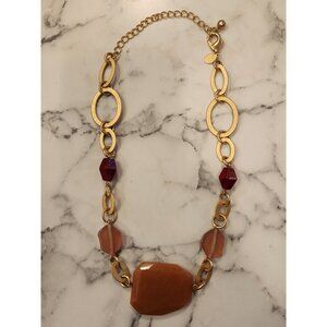 Chico's Gold Tone Chain Necklace With Large Orange & Red Gemstone Beads